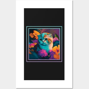 Adorable Scottish Fold Cat Vibrant Tropical Flower Digital Oil Painting Portrait Posters and Art